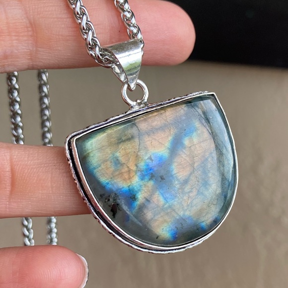 925 sterling silver overlay iridescent labradorite charm boho gemstone necklace - Picture 9 of 15